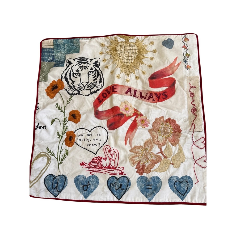 Pottery Barn Tiger Love Always Embroidered Velvet Pillow Cover 24x24 White Red